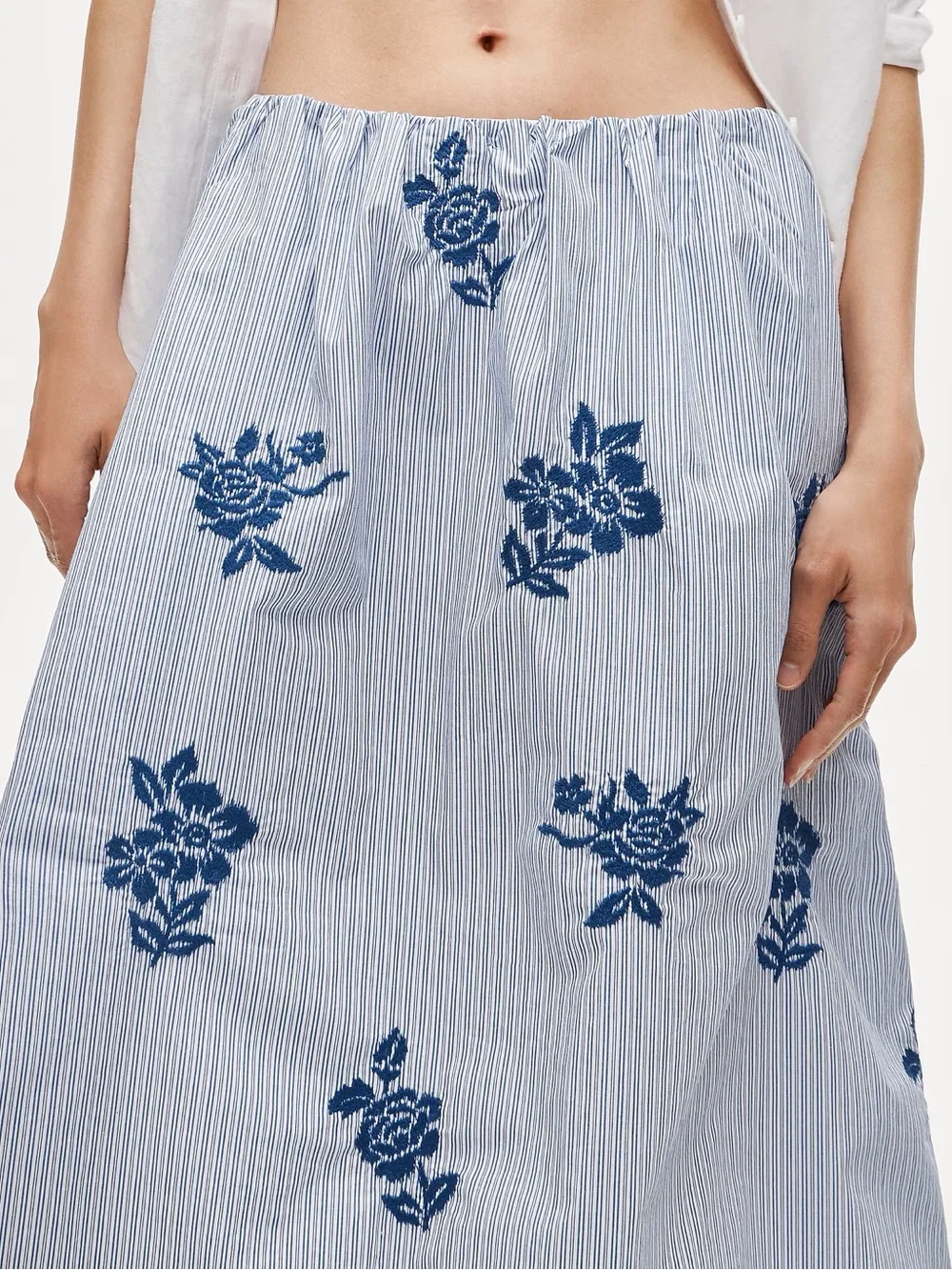 J. Crew Blue Striped Midi Skirt with Navy Floral Embroidery